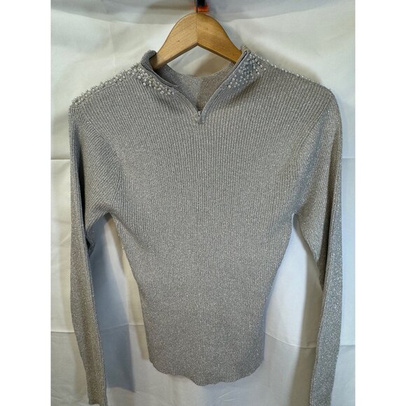 Fitted vintage heavily pearl beading silver shiny zipper back slight turtleneck - Picture 2 of 10